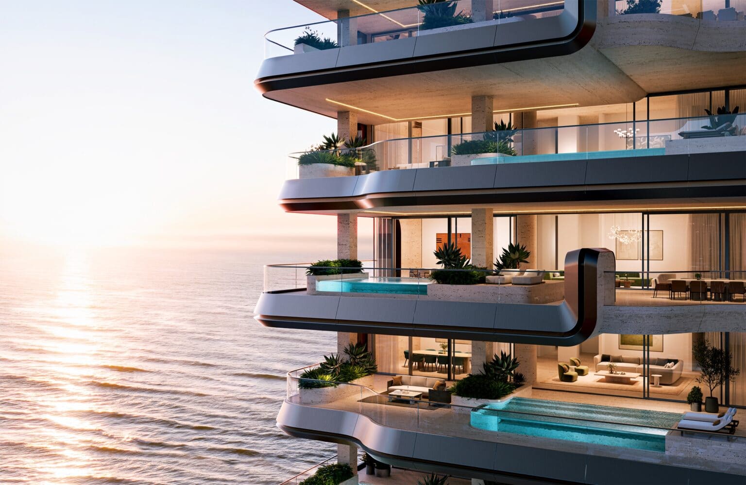 Fasáda rezidencie Alba pri západe slnka